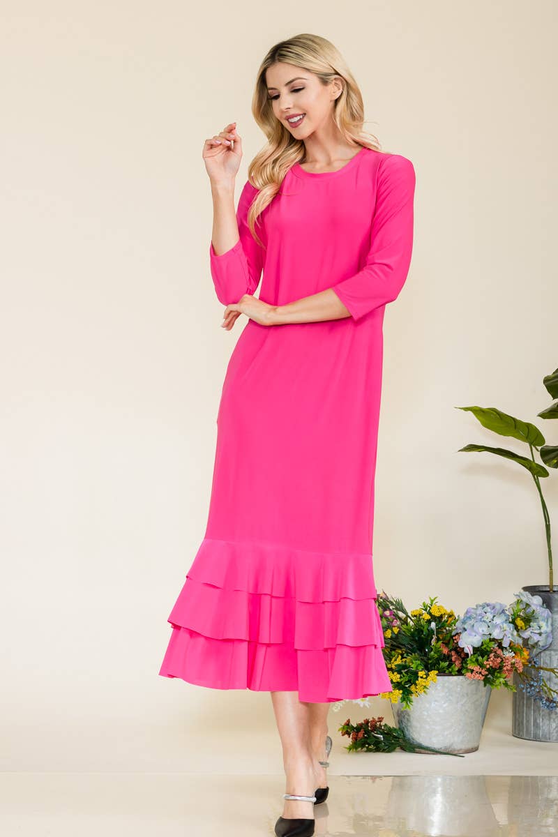 Celeste Clothing – Großhandel Kleid – Damen – Großgrößen-Midikleid mit gestuften Rüschen und 3/4-Ärmeln9