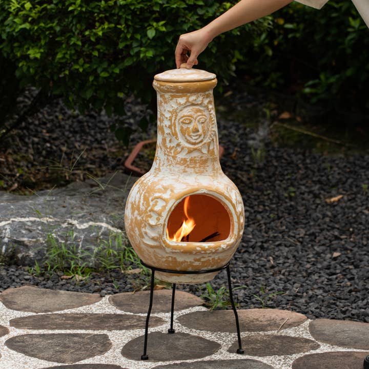 Quickway Imports – wholesale Fire pit – Outdoor Clay Chiminea Fireplace Sun Design Wood Burning Fire2