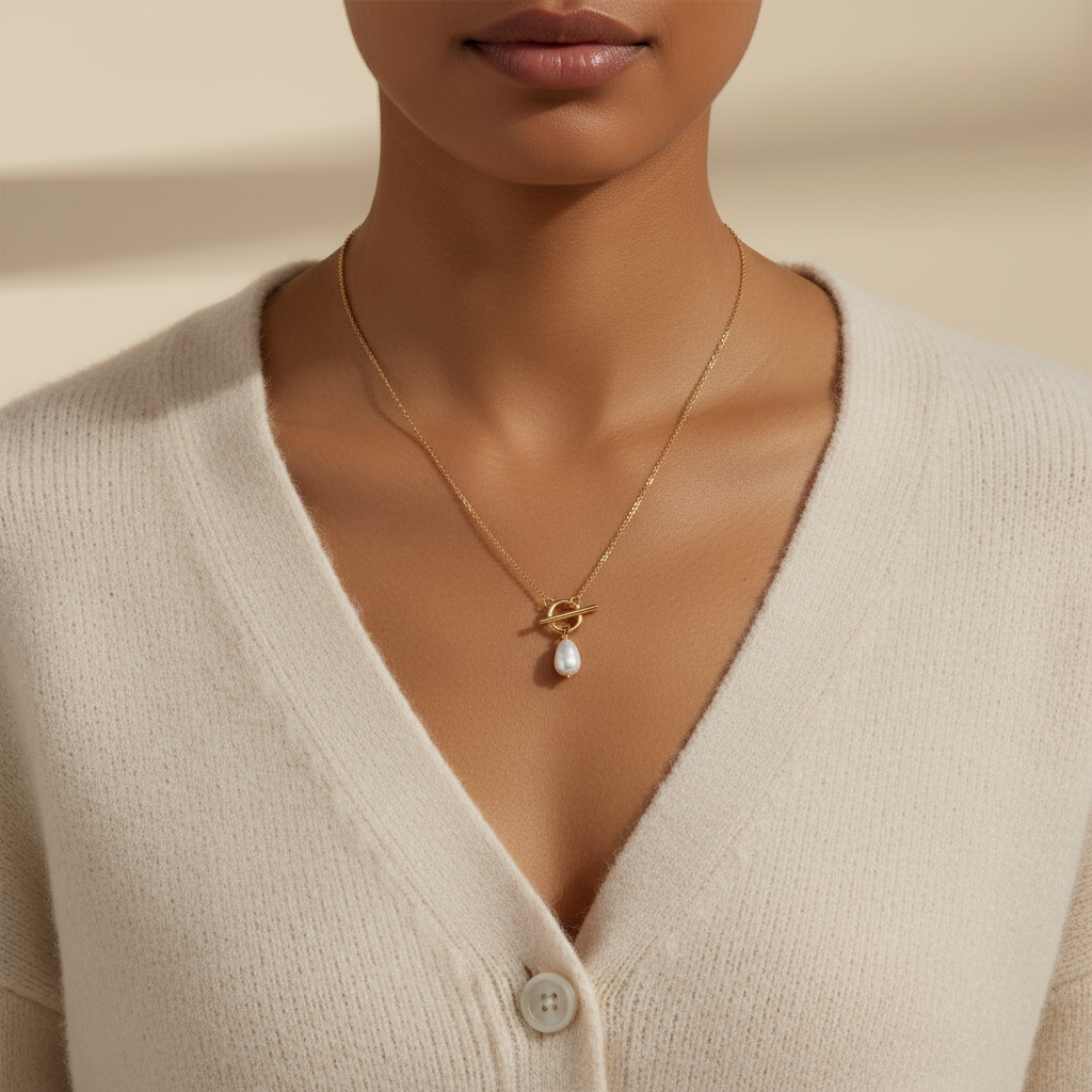 Gold Lunar – Engroshandel Halskæde med vedhæng – T-bar & perledråbe halskæde 18k guldbelagt moderne smykke1