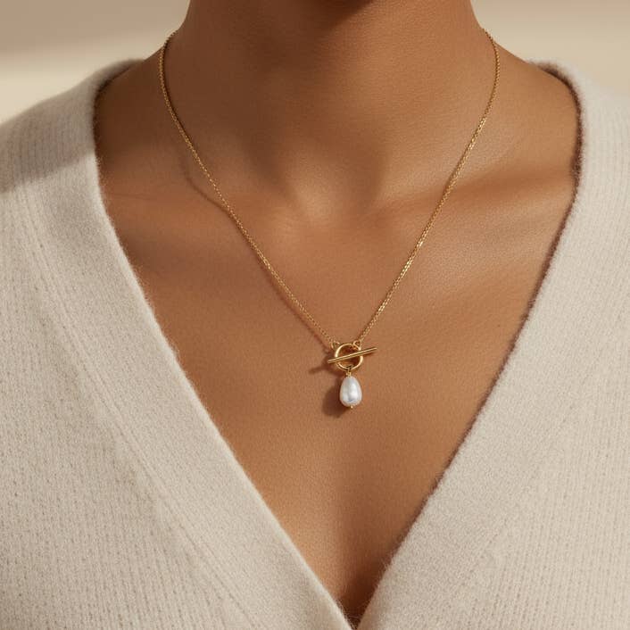 Gold Lunar - Wholesale Pendant/charm necklace - T Bar & Pearl Drop Necklace 18k Gold Plated Modern Jewellery0