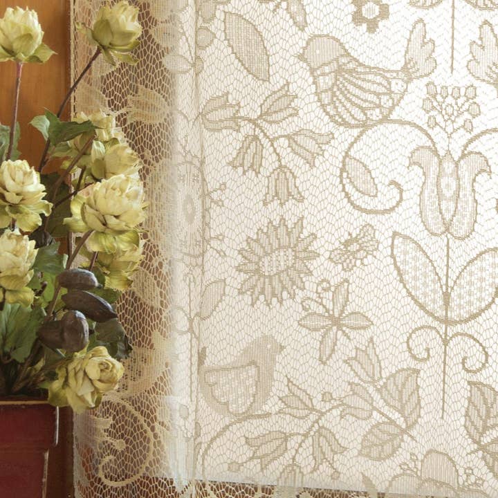 Heritage Lace - Wholesale Curtain - Cottage Bird Floral 60x16 Lace Valance Curtain Champagne
