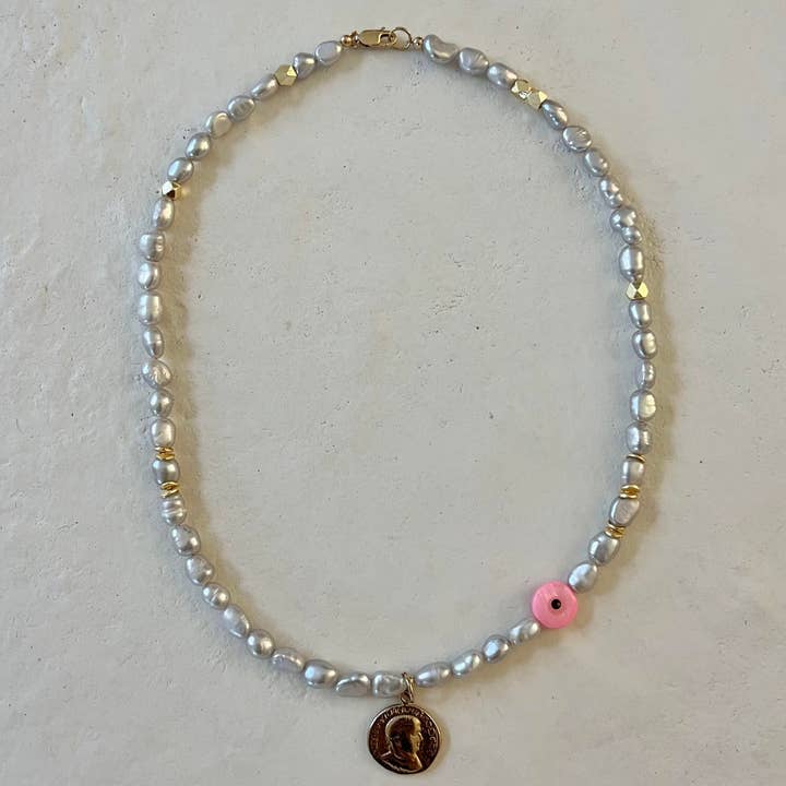 House of Olia - Wholesale Pendant/Charm Necklace - Proteji Silver Pearl Pink Evil Eye Gold Filled Coin Necklace1