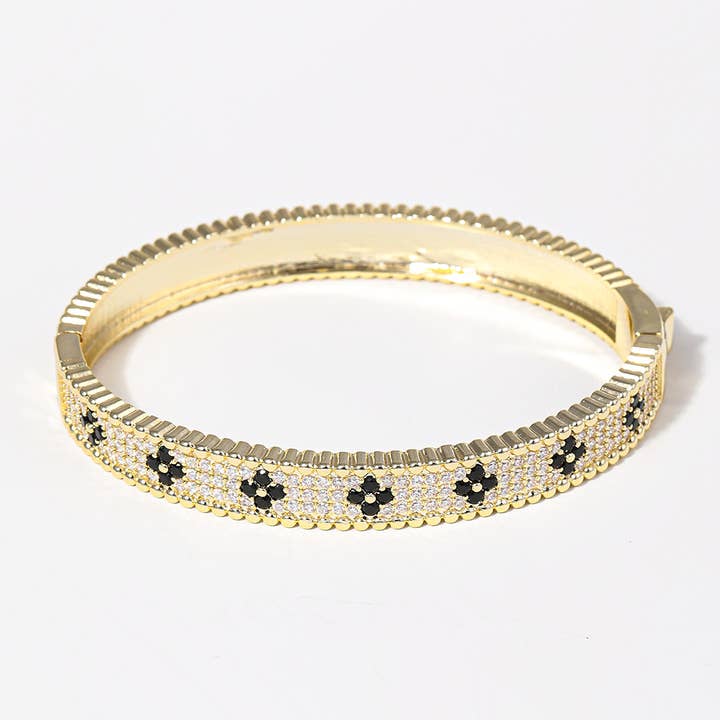 GJ Clover Paved CZ Gold Tone Bangle Bracelet for wholesale on Faire