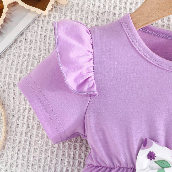 lila 3-24M Bebisflickor Set Rosett Kortärmade Toppar Växttryck Byxor Grossist Babykläder V3824040700067 för wholesale på Faire