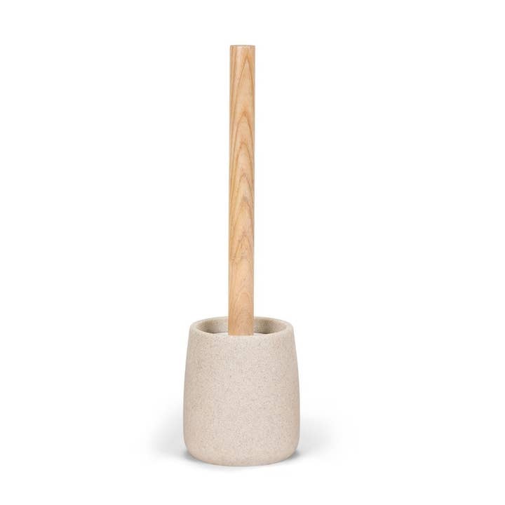 Beige sandstone and wood toilet brush for wholesale by Andrea House