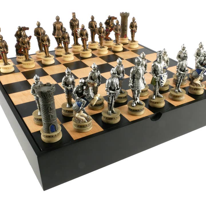 Chess Set - Painted Resin Medieval on Black/Maple Chest for wholesale by WorldWise Imports
