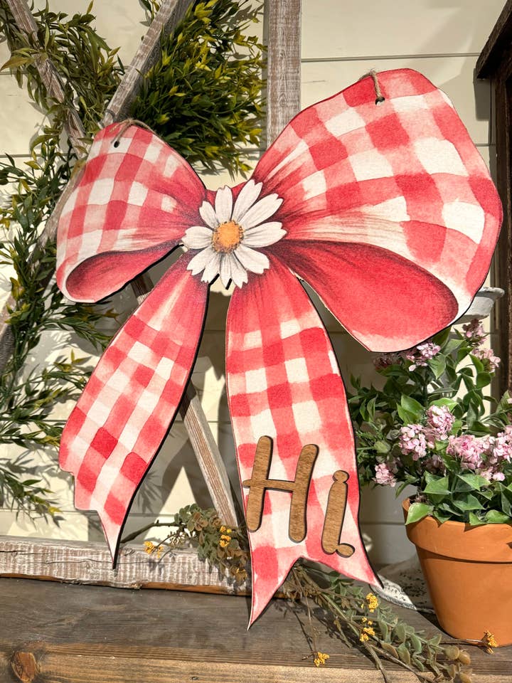 Round Wooden Sign - 18" or 21.65" - Plaid Bow Hi for wholesale by Whippoorwill Charm