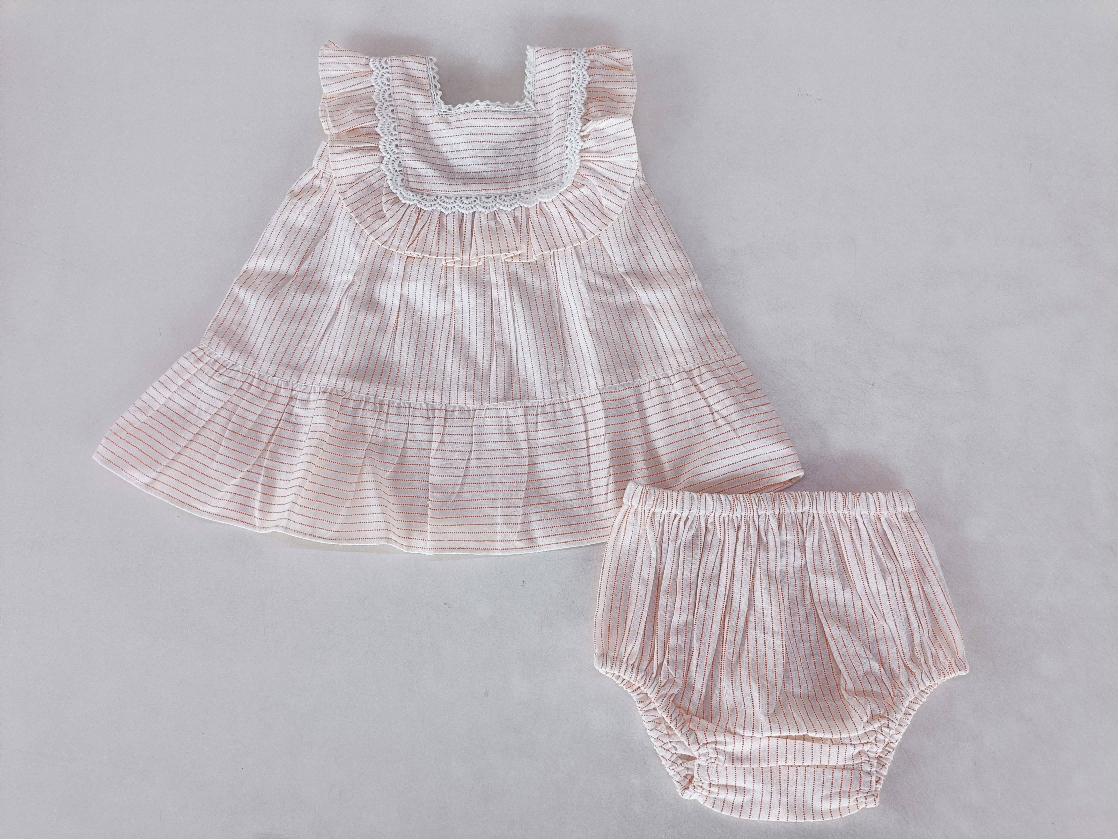 Yo Baby - Wholesale Dress Set - Baby - Peach Stripes Square Neck Ruffle Dress and Bloomers2