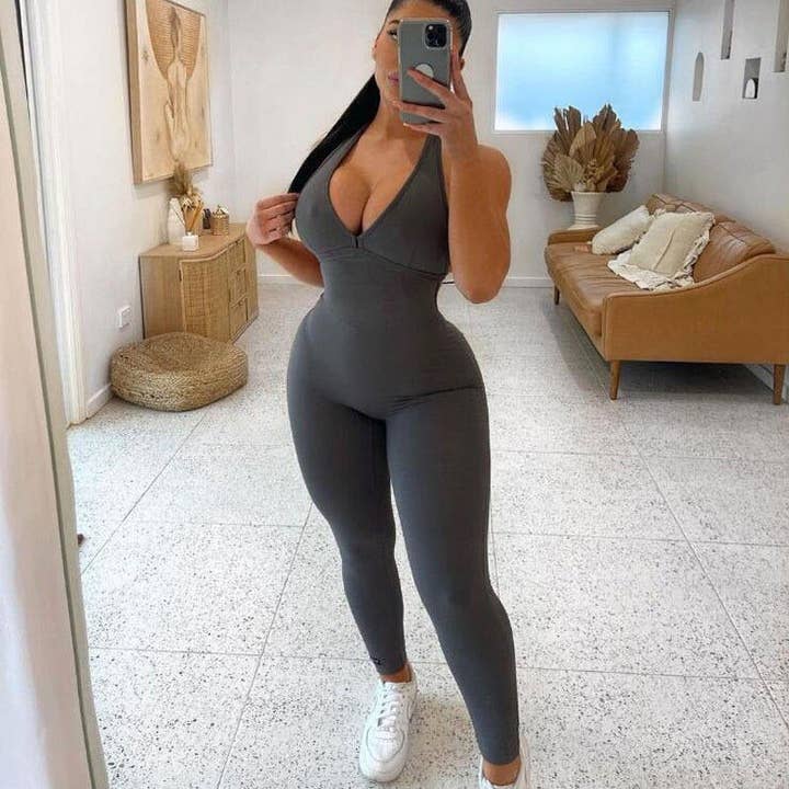 VIGOR - Wholesale Unitard - Women's - Romper Scrunch Butt Jumpsuit Yoga Deep V-neck Clothing Fitne