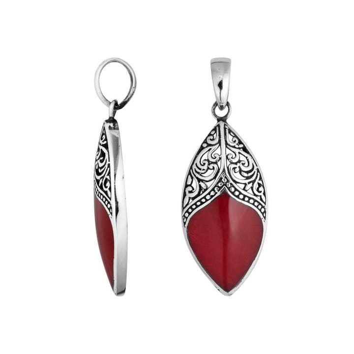 AP-6195-CR Red Coral Marquise Pendant In Ornate Sterling Silver For Wholesale Buyers for wholesale by Bali Designs