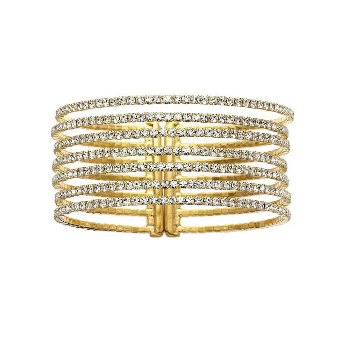 Bracelet-manchette à 7 rangs en métal doré avec cristaux blancs étincelants pour la vente par Luxe on Main LLC