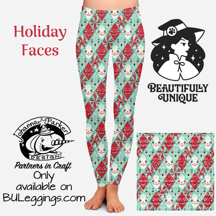 Beautifully Unique® Bootique - Wholesale Leggings - Dames - "Holiday Faces" (Johanna Parker Exclusief) Kerst Pepermunt Diamanten - Leggings1