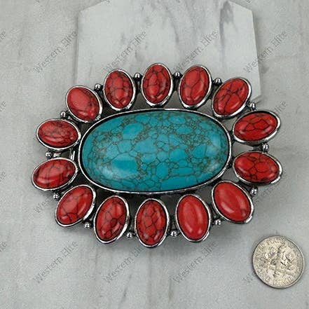 BPD251230-01-RØD-BLÅ Sølvmetal med rød og blå turkis sten stor oval bæltespænde for engroshandel hos Western Elite Jewelry