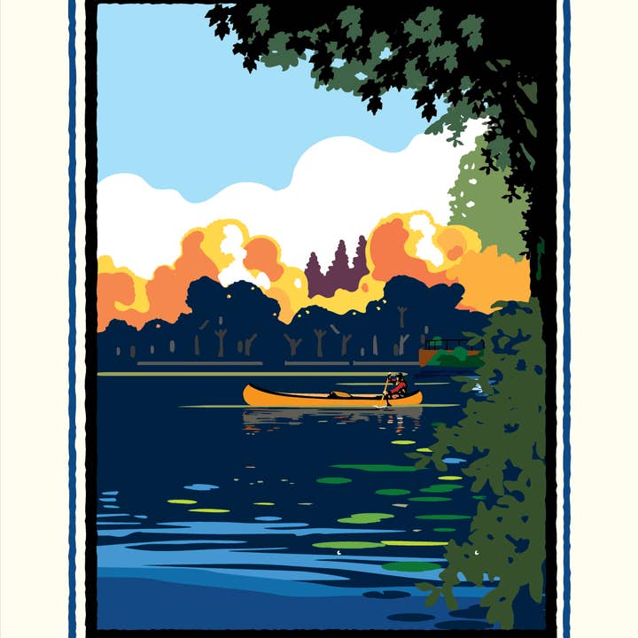 Custom Orange Canoe on Lake Art Print for wholesale by Legendary Landmark Art Prints