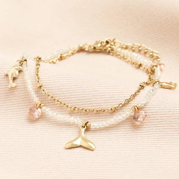 Stainless Steel Double Layer Dolphin Charm Bracelet in Gold for wholesale by Lisa Angel