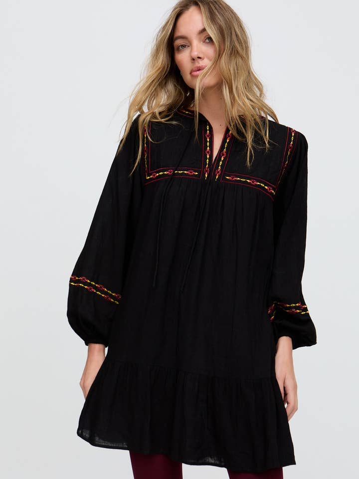 Charlie Swing Embroidered Mini Dress In Black for wholesale by Raffya