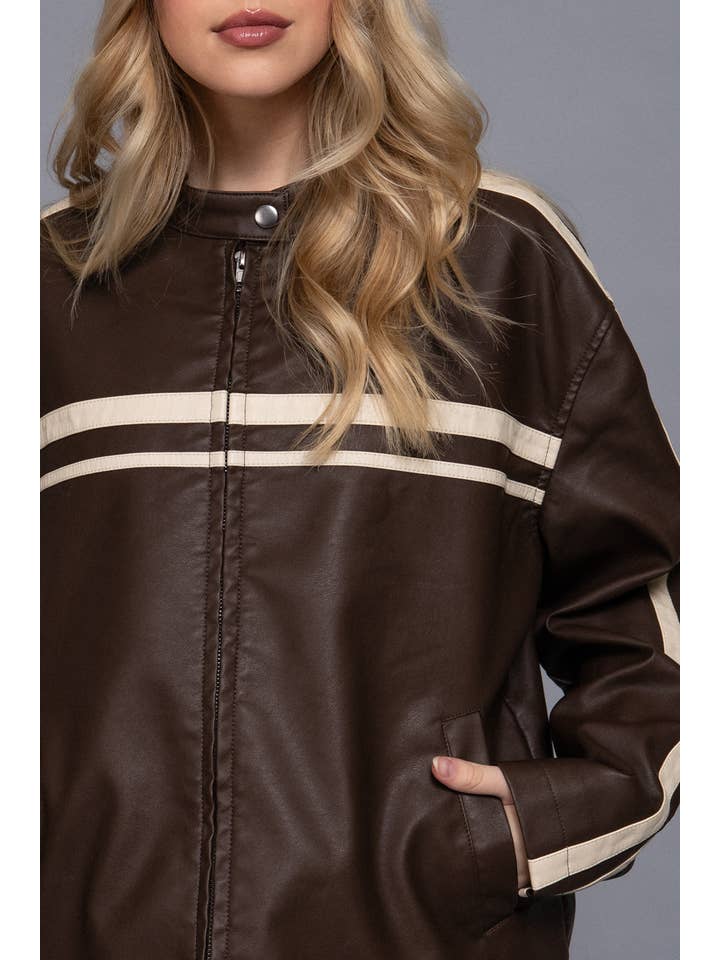 Active Basic | Active USA – wholesale Leather jacket – Women′s – Long Sleeve Line Detail Washed Effect Faux Leather Jacket7
