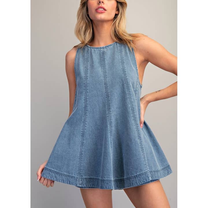 15425 Ärmelloses, ausgestelltes A-Linien-Top aus Denim für den Großhandel von Coloring You