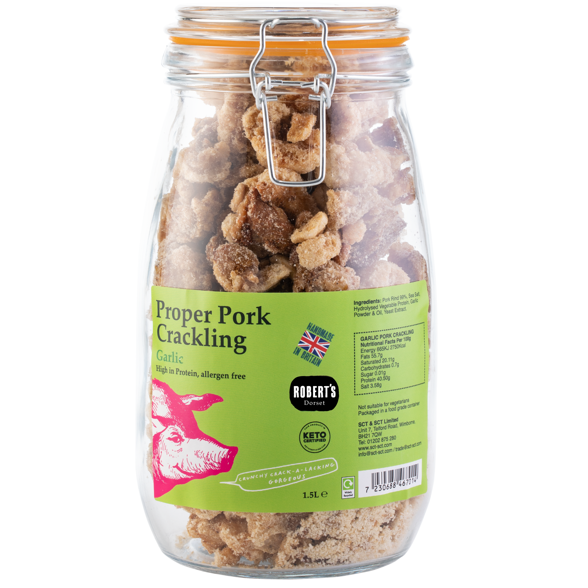 Robert’s Dorset – wholesale Puffed snack – Proper Pork Crackling 1.5L / 390g Glass Jar3