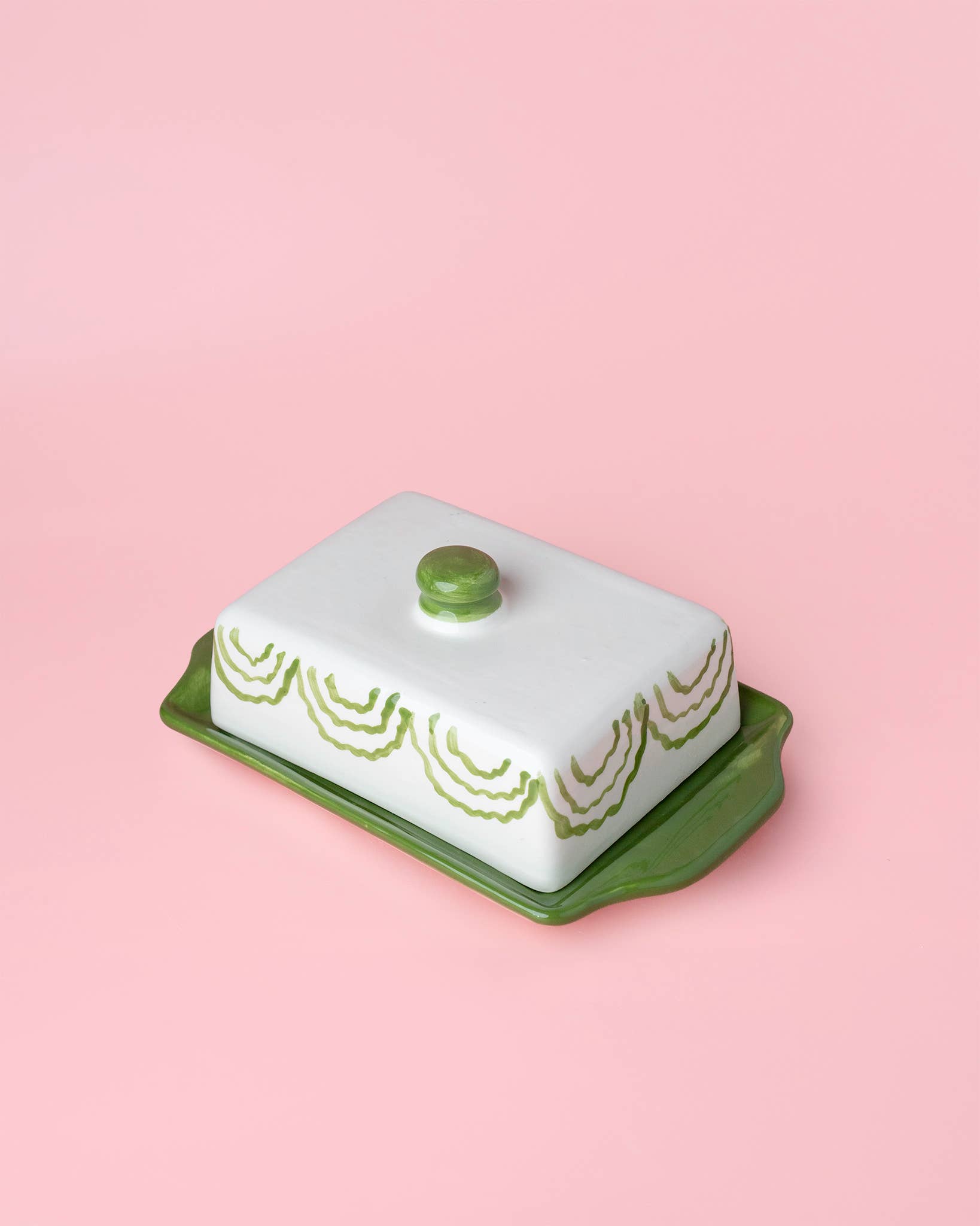 Alfar Tierra Cocida - Wholesale Butter Dish - Artisanal Ceramic Butter Dish – Green & White / ROOTS4