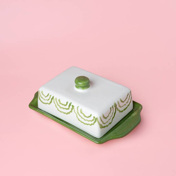 Alfar Tierra Cocida - Wholesale Butter Dish - Artisanal Ceramic Butter Dish – Green & White / ROOTS4