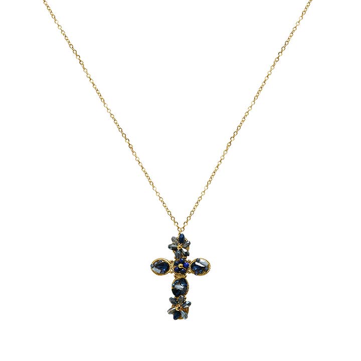 AMORINO SRL - Wholesale Pendant/Charm Necklace - CROSS NECKLACE WITH FLOWER-SHAPED CRYSTALS - OY2496A422