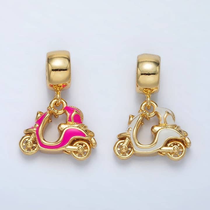 24K Gold Filled Pink, White Enamel Motorbike Scooter Vehicle Rhondelle Bail Drop Pendant | AC095 for wholesale by Aim Eternal
