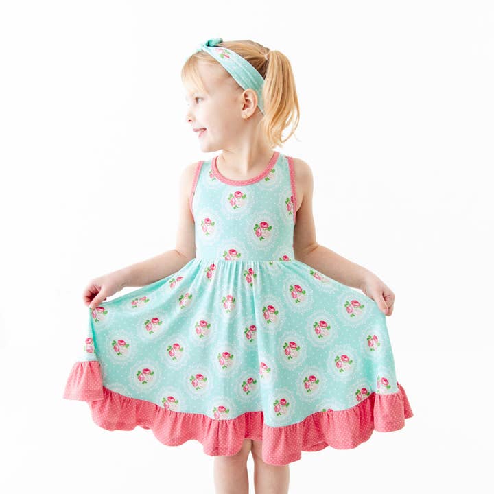 Ring Around The Roses Floral Kids Bamboo Ruffle Bottom Twirler Dress And Shorts Set for wholesale by Dreamiere