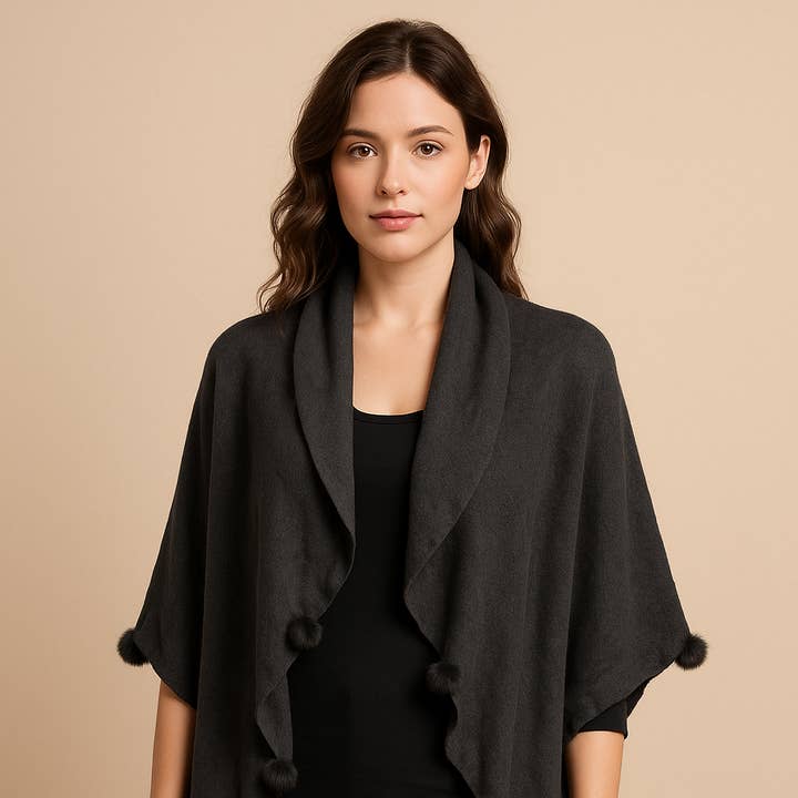 Style HY3713 Black Pom Trim Wrap Shawl and other Purchase Wholesale loop wrap. Free Returns & Net 60 Terms on Faire trending on Faire.
