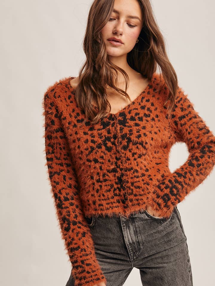 Fuzzy Leopard Button-Up Cardigan FSW0018 for wholesale by Forte