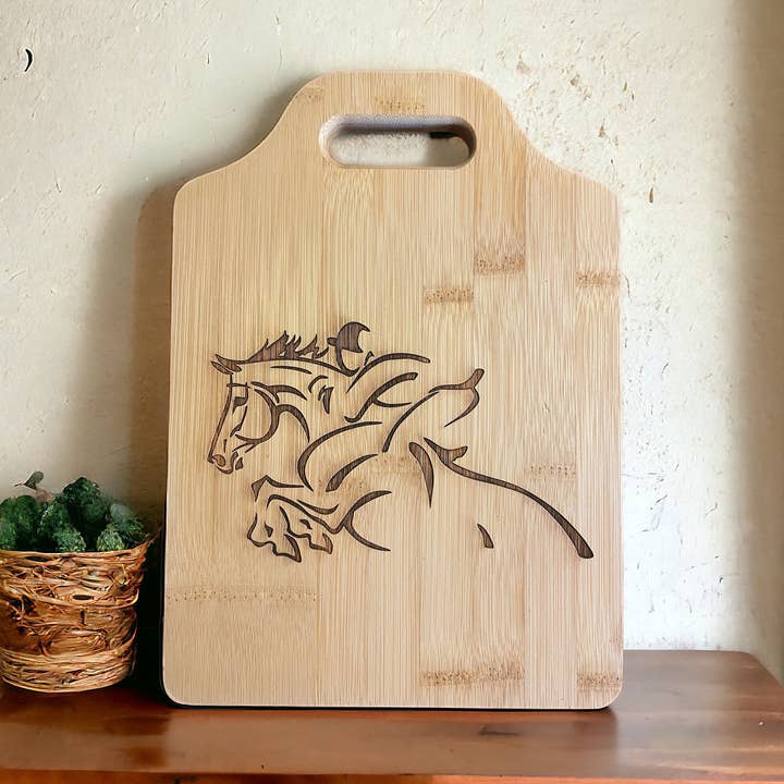 Jumping Horse Bamboo Cutting, charcuterie, cheese board for wholesale by The Krafty Equestrian