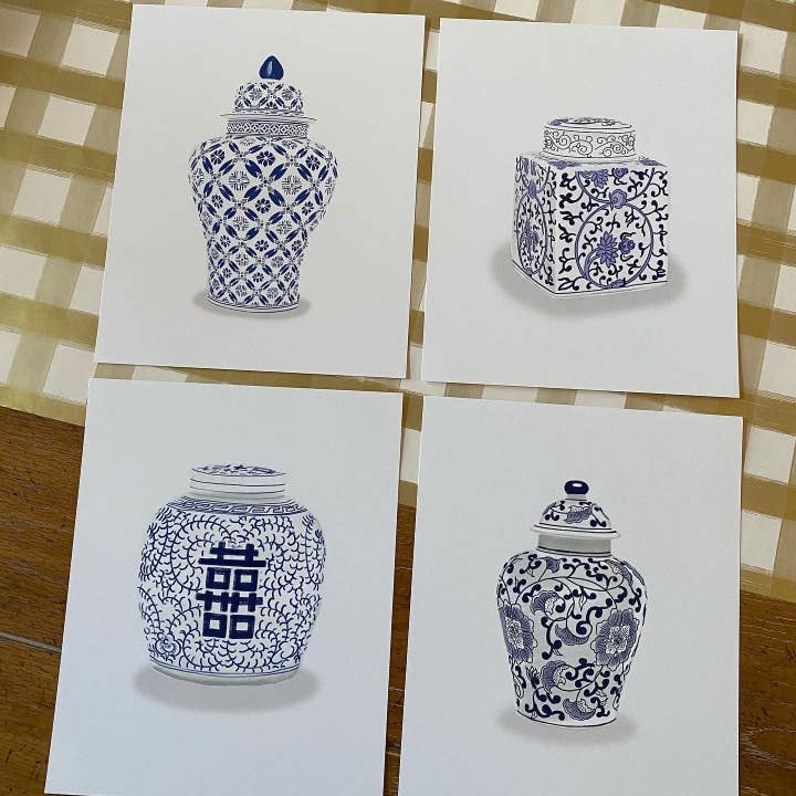 Blue And White Ginger Jar Prints - Set Of 4, Wall Art for wholesale by Art and Soul