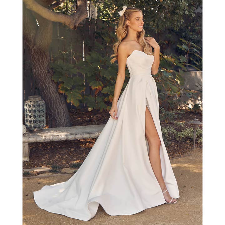 Vestido de Noiva Sem Alças em Linha A com Racha Alta - JW938-1 por atacado de Noxanabel