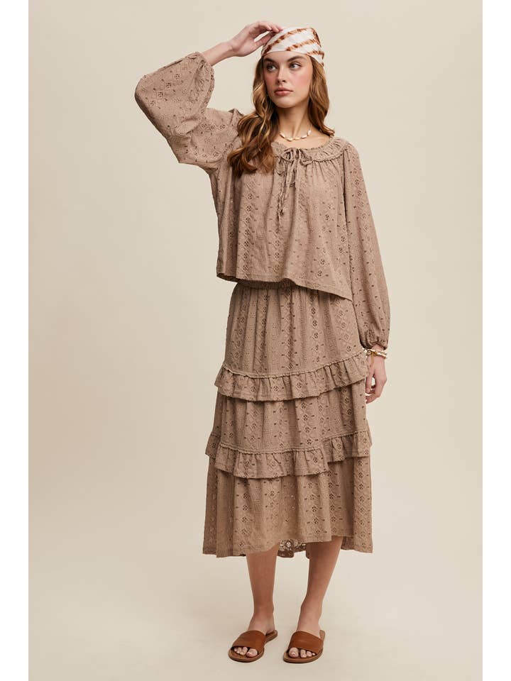 Listicle - Wholesale Top & Skirt Set - Women's - Boho Lace Tiered Maxi Skirt Set