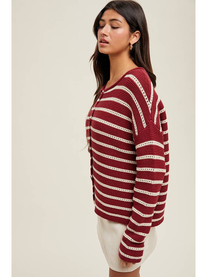BURGUNDY ECRU STRIPED CROCHET BUTTON-UP SWEATER CARDIGAN / WL25-10604 for wholesale on Faire2