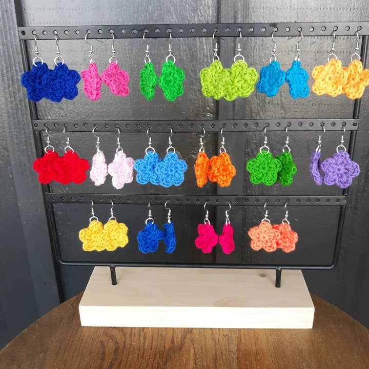 16 Pairs of Flower Cotton Drop Earrings, Bright Color Themes for wholesale by Clover Garden Crafts
