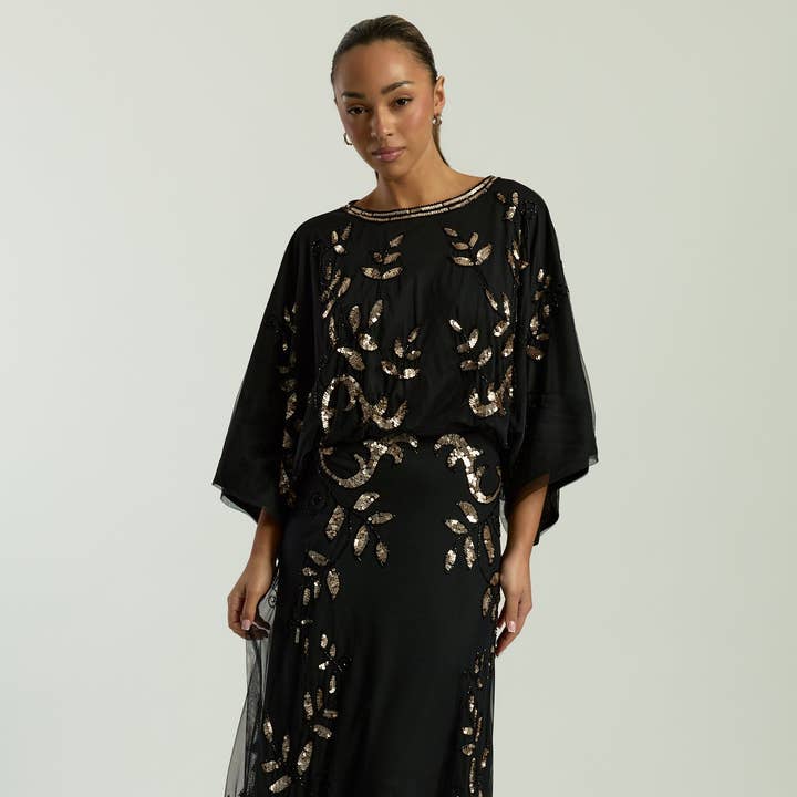 Vestido Maxi Preto com Folhas de Ambreta e Mangas de Morcego por atacado de Frock & Frill