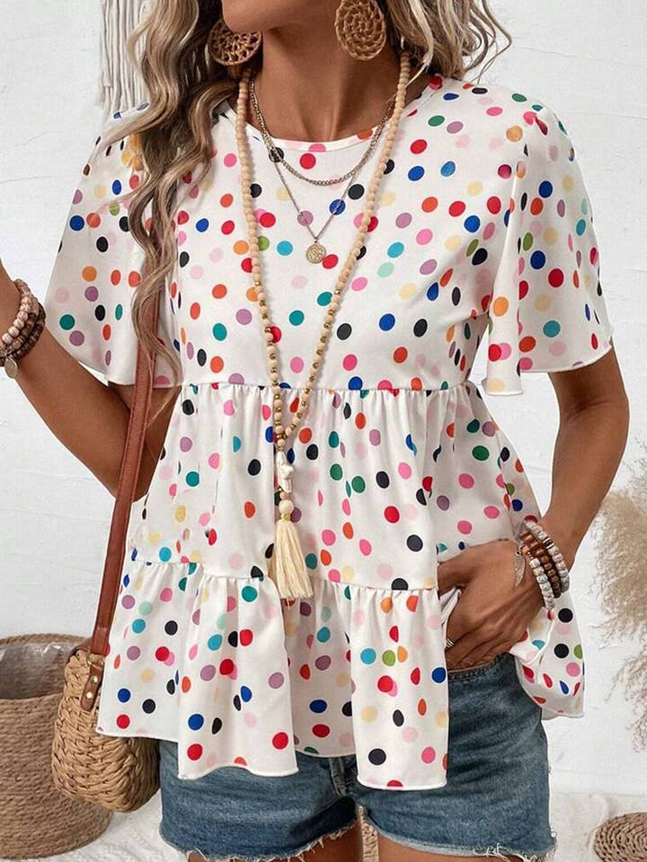 White Colorful Polka Dot Short Sleeve Tiered Ruffled Babydoll Blouse for wholesale by Azzurro