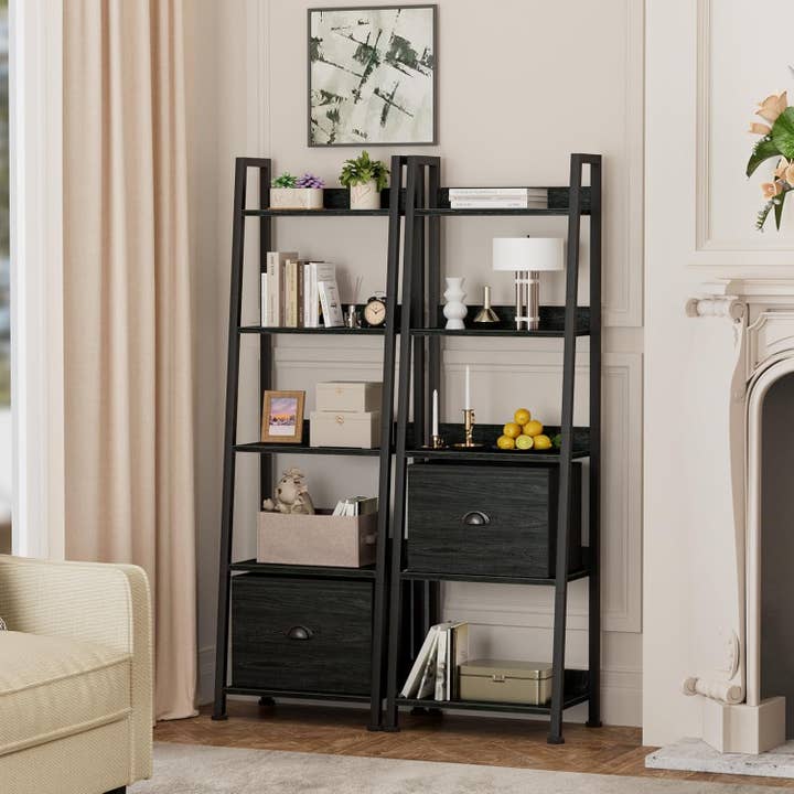 Black Oak 5-Tier Ladder Shelf with Drawer for Stylish Storage for wholesale on Faire