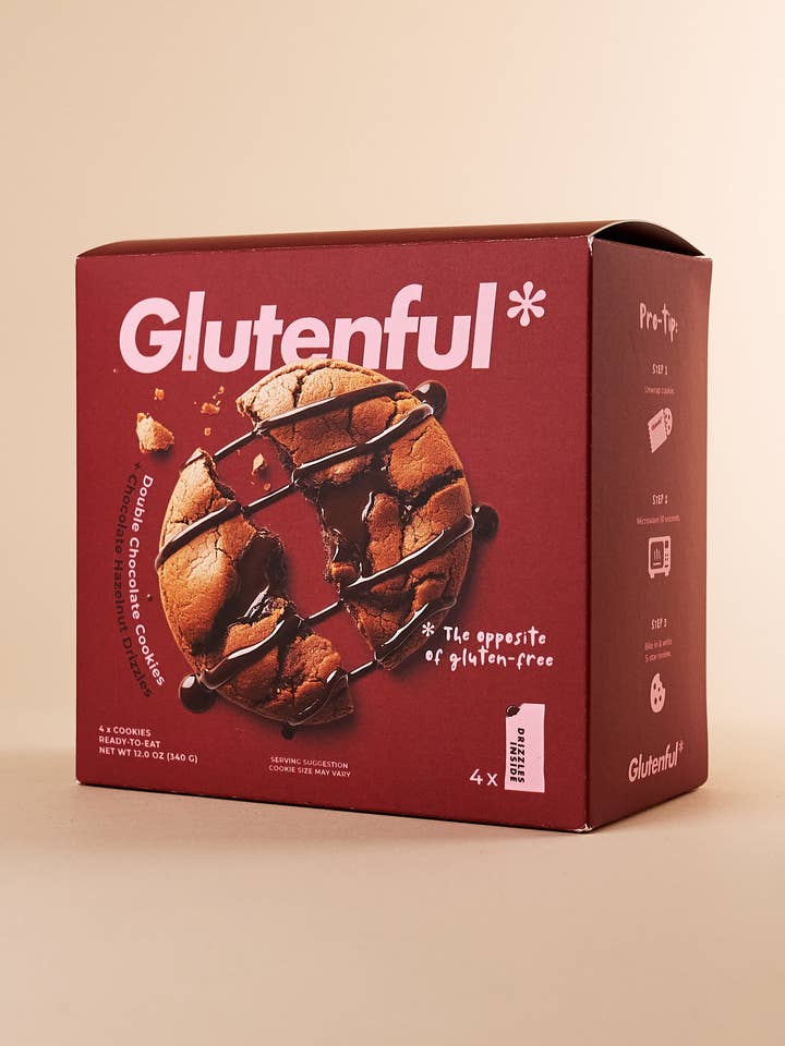 4-Pack Double Chocolate Cookies with Drizzle Packets for wholesale by Glutenful