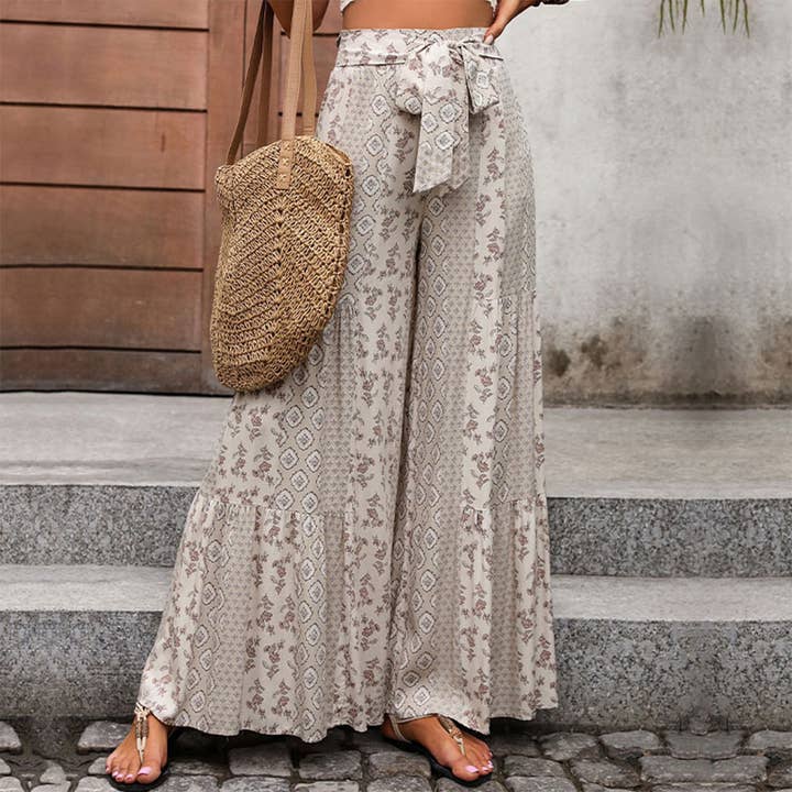 LACE-UP PATCHWORK WIDE-LEG PANTS for wholesale by Lily Clothing