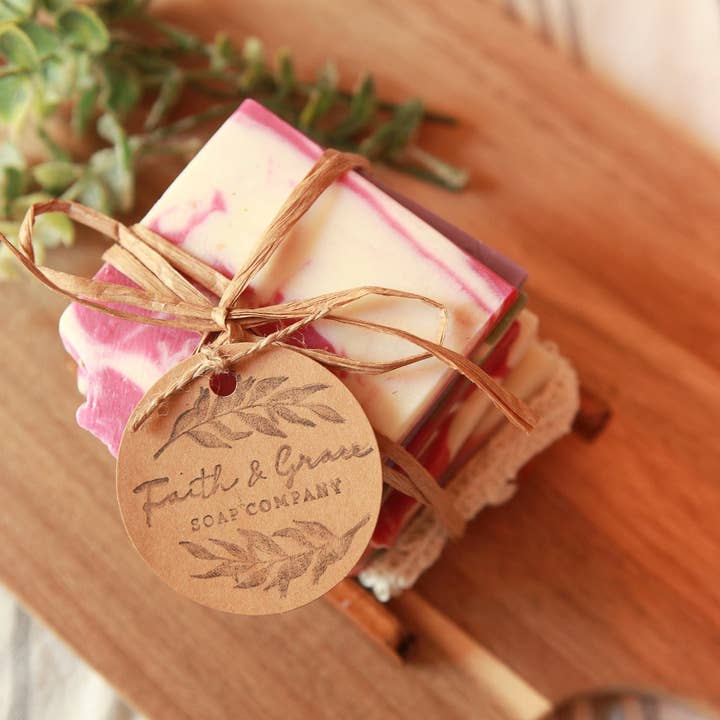 Faith and Grace Soap Co. - Wholesale Soap Set - Soap Ends Gift Set with Wood Soap Dish and Sisal Bag3