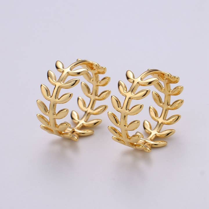Dainty Gold Leaf Hoop Earrings – 24k Gold Filled Hoop Earring, Inspired by Ancient Greek Laurel Wreaths artistry Jewelry Q-322 for wholesale by Aim Eternal