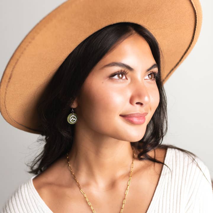 Cork Earrings - Small Round Green W/ Mountain Charm for wholesale by KORK & Inspired by KORK