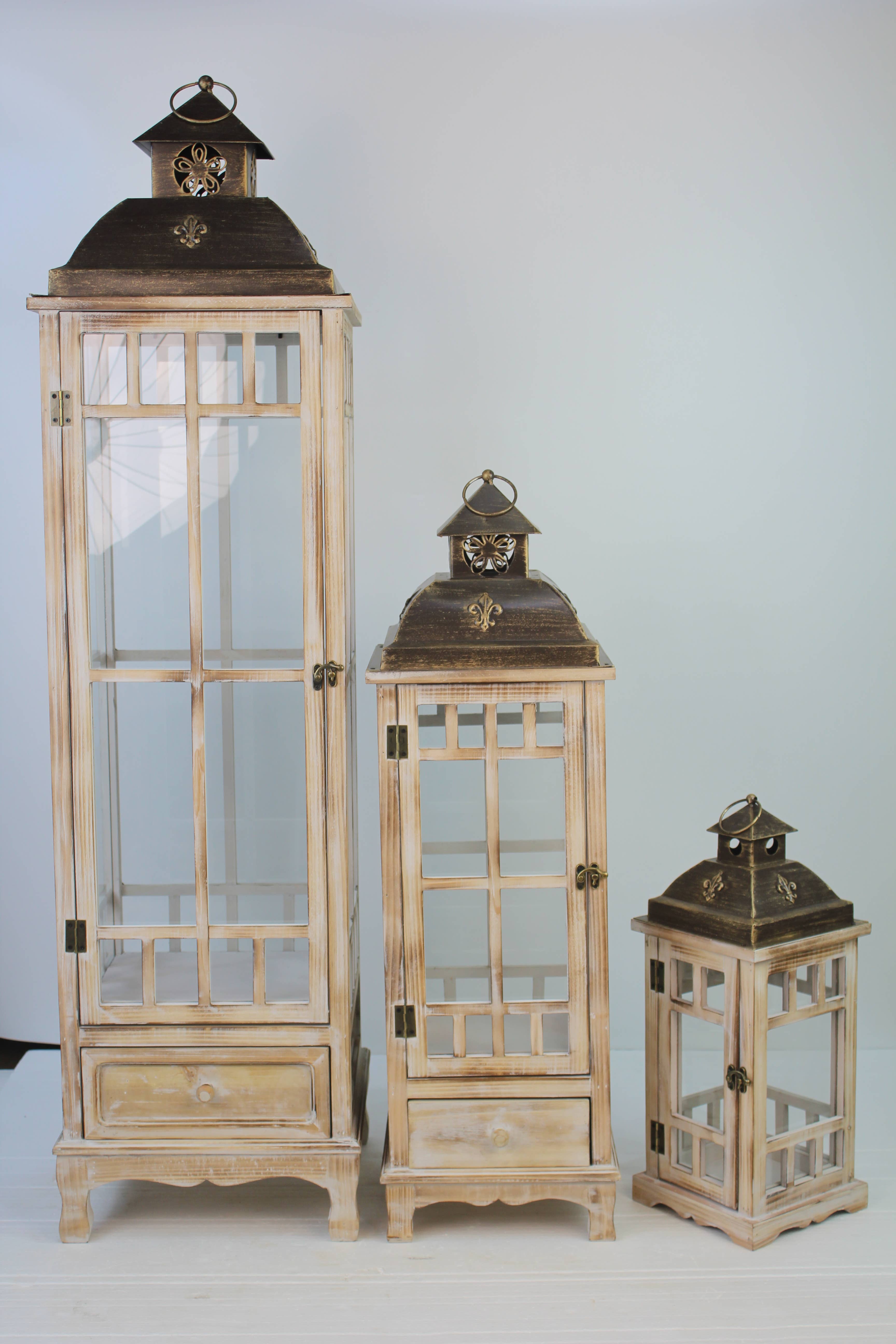 Wholesale Home Decor - Wholesale Lantern - Drawer Wood and Metal Lantern Set of 3 - 18in, 32in and 48in1