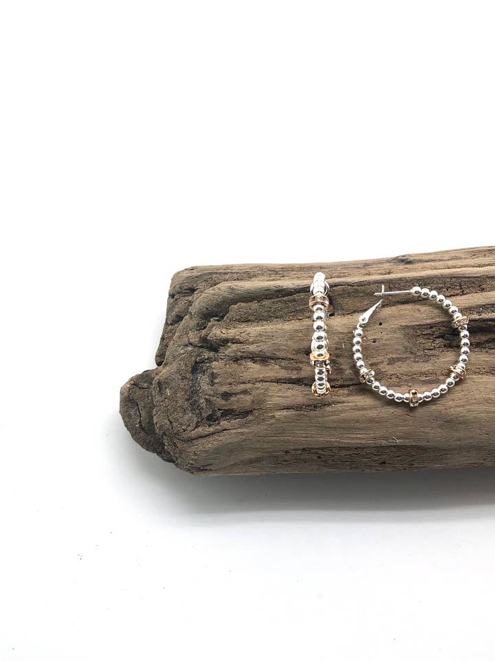 Earring Medium Hoop 3mm Silver Beads w/Gold Rondelle Spacer for wholesale by Rant & Rave Classic