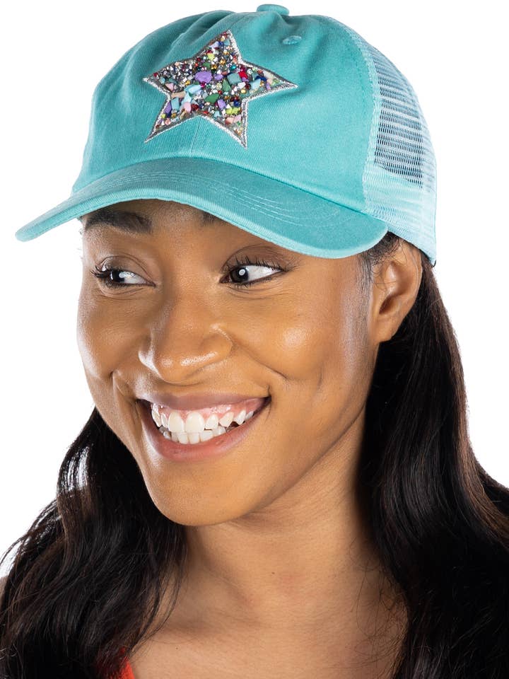Trucker Hat Mesh Baseball Cap - Mixed Stone Star (Mint) for wholesale by Funky Junque