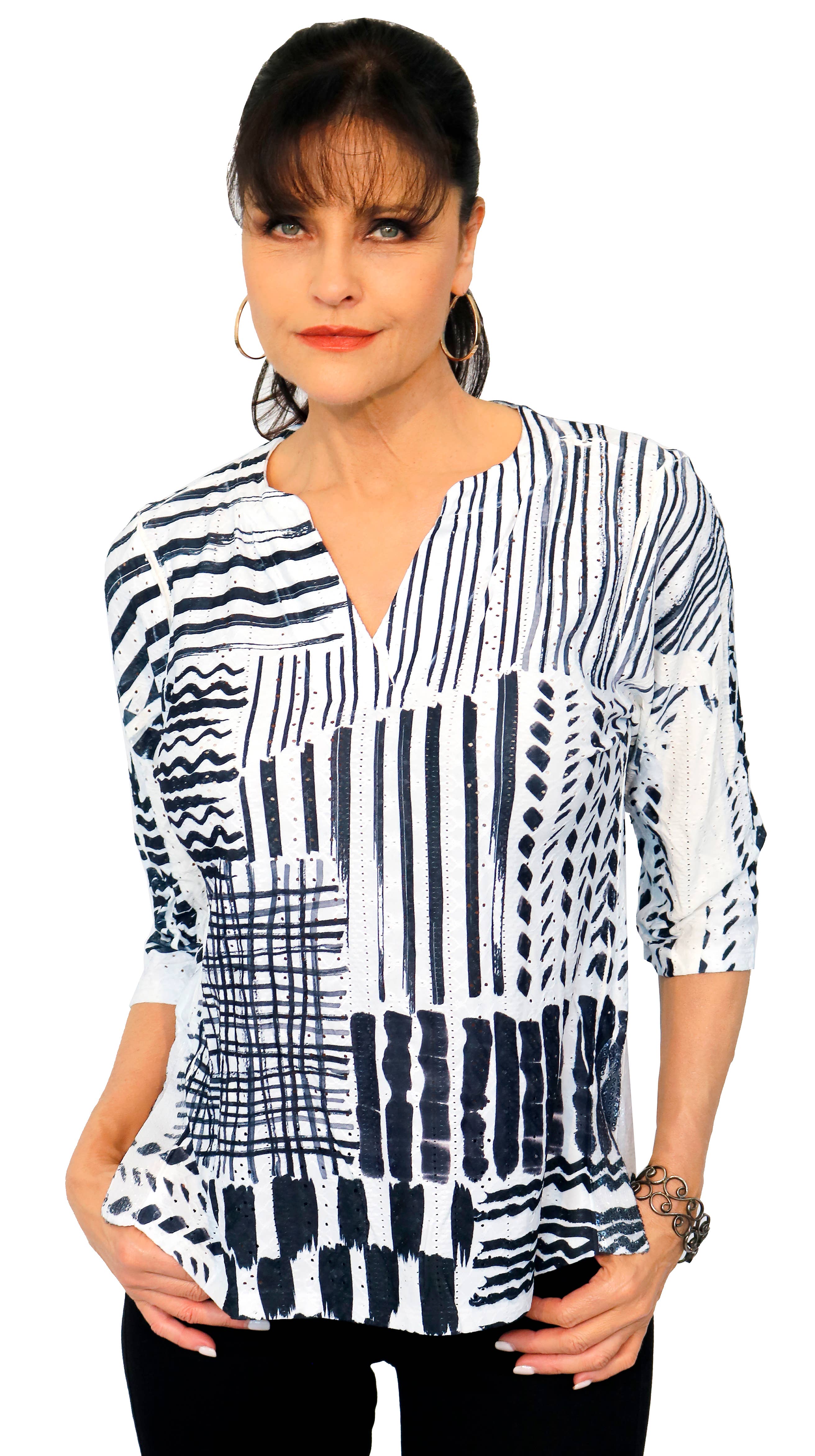 Impulse California - Wholesale Blouse - Women's - 791P804 3/4 Sleeve, Mandarin collar, V-neck with side slits