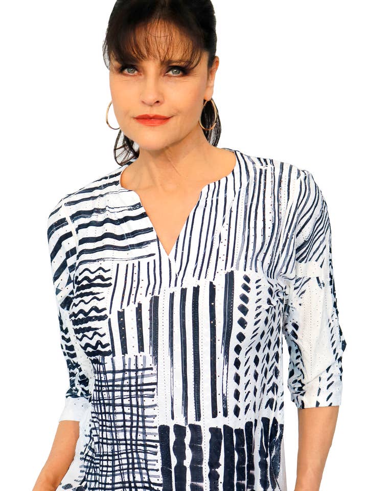 791P804 3/4 Sleeve, Mandarin collar, V-neck with side slits for wholesale by Impulse California