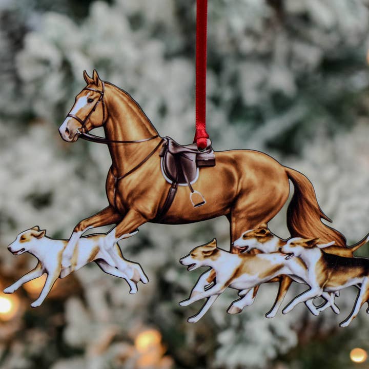 Classy Equine - Wholesale Ornament - Chestnut Fox Hunter Horse & Hound Field Hunter Ornament II